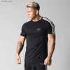 Erkek Tişörtler Siyah Fitness T-Shirt Erkekler Çalışma Spor Sıkı Takım Gömlek Kısa Kollu Pamuklu T-Shirt Yaz Mens Fitness Eğitim Takım Q240316