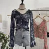 Mulheres camisetas Mulheres V-Pescoço Draw String T-shirts Longo Flare Manga Crop Tops Meninas Stretchy Bainha Imprimir Tee para Feminino Primavera Verão