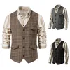 سترات الرجال Veikeey Vintage Suit Suit Plaid Tweed Men Pitcated Fit Perchcoat لحضور حفل زفاف العريس السترة بلا أكمام