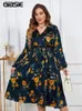 GIBSIE Plus Size Cotta Collo Stampa floreale con cintura ALine Dres Primavera Autunno Vintage Vita alta Abiti a maniche lunghe 2023 240311