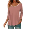 Kvinnors T-skjortor Lace V Neck Blus Women Casual Long Sleeve T-shirt Solid Color Pleated Hem Loose Pullovers Bottom Skjorta Knitwear Top