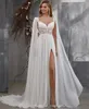 Shoulder Stylish Wraps Long Chiffon A Line Wedding Dresses Sexy Split Exquisite Boho Lace Bridal Gowns Illusion Back Buttons Sweep Train Bride Robes De Mariee