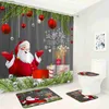 シャワーカーテンかわいい雪だるまクリスマスシャワーカーテンセットファーブランチブルークリスマスボールスノーフレークバスルーム装飾ノンスリップラグバスマットトイレリッドY240316