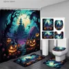 Tende da doccia Halloween Tenda da doccia Set Foresta Zucca Alberi morti Lapide Horror Notte Arredamento bagno Tappeto da bagno Tappetino da bagno Coperchio coperchio WC Y240316