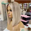 Perruques synthétiques Ash Blonde Highlight Lace Front Wig Cheveux Humains 360 Perruques Frontales HD Transparent Court Droit Bob Pour Femmes Synthétiques Dhsgf