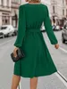 Basic Casual Dresses New Autumn And Winter Womens Fashion Long Sled Small V-neck Strap Dress Womens Green Elegant Casual Waist Pulling VestidosC24315