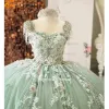 Mintgroen Kralen Kwastje Quinceanera Jurk lace-up corset Off Schouder 3D Bloemen Applicaties Corset Sweet 15 Vestidos De Custom Made