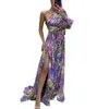 Vestidos casuais a linha vestido de noite elegante um ombro floral impressão maxi vestido com lado split hem detalhe plissado para festas banquetes