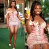 2024 ASO EBI Plus Size Pink Cocktail Dresses Kort balklänningar Illusion Miniklänning En axel SEBSED SOTASEL Graduation Dress for African Black Girls C088