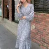 Casual Dresses Women Long-sleeved V-neck Dress Loose Waistline Elegant Floral Print Midi With Fishtail Hem Soft For Lady's