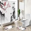 Shower Curtains 3D Printing Chinese Flower and Bird Ink Landscape Shower Curtain Set Home Decor Bath Mat Toilet Cover Flannel Bathroom Carpet Y240316