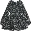 ゆるいドレス、ぽっちゃりしたMMシフォン長袖の花の中程度の長さ、ゆるいVネック、腹を覆う、スリミング効果、妊娠中の女性が着るのに適しています