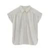 Damesblouses Katoen Eenvoudig Polohals Verticaal Gestreept Shirt Dunne 2024 Zomer Mode Casual Ontwerp Geplooide Tops 31179