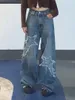 Jeans femininos americano retro lavado azul estrela remendo gordura mm mulheres high street grande tamanho solto reto largo perna chão esfregando calças