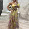 Casual Dresses Floral Embellished Formal Gown Elegant One Shoulder Tie-dye Ball With Mesh Bubble Sleeve Split Hem Women's Floor Length