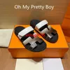 Chypre Leather Sandals Summer Slippers Slide Slip On Flat Match the Toe of the Shoe Second Uncle Slippers Mens Outer Wear Genuine Leather Black have logo HB31BB