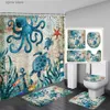 Shower Curtains Ocean Animal Shower Curtain Set Sea Turtle Octopus Seahorse Fish Seaweed Scenery Bathroom Decor Non-Slip Rug Bath Mat Toilet Lid Y240316