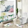 Tende da doccia Paesaggio Pittura a inchiostro Tenda da doccia Pianta Fiore Stile cinese Casa Bagno Decor Tappeto antiscivolo Coperchio WC Copri tappetino da bagno Set Y240316