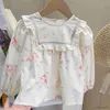 Clothing Sets 2023 autumn new ruffled girls printed shirts long-sleeved blouse + embroidered jeans Pants two-piece clothes suit
