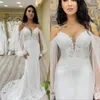 Robe de mariée sirène avec des appliques simples, bretelles Spaghetti, manches bouffantes, traîne de balayage, sur mesure, grande taille