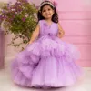 Robes de fille violet clair enfants anniversaire fleur gonflée plissée col en V à plusieurs niveaux Tulle robes de bal pour les petites filles