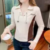 Women's Polos White T Shirts Long Sleeve Polo Neck Clothes Shirt Crop V Korean Style Offer Synthetic Cute Top Cotton