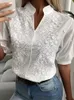 Summer Women Casual Chic White Bluses V Neck Out Out Modello floreale Eccello per occhielli Mezza manica Daily usura Top 240313