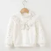 3-12 Years Spring Autumn Toddler Teen Girls Cotton Blouse White Bow Lace Long Sleeve Shirts Kids Pullover Tops Children Clothes 240314