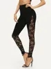 Sexy cintura alta preto renda leggings senhoras floral painel lateral cortado s2xl 240314