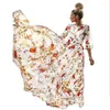 Freizeitkleider Polyesterfaserkleid Eleganter Blumendruck Maxi für Frauen A-Linie Big Swing Hohe Taille Abend mit halben Ärmeln