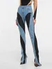 Женские джинсы, дизайн в стиле пэчворк, женские брюки, осенняя мода, приталенный крой, деконструированный пэчворк, высокая талия, разрез, синий, длинный