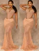 플러스 사이즈 아랍어 ASO EBI Mermaid Gold Lace Prom Dreess Sheer Neck Beaded Evening Formal Party Second Reception Gowns Dress