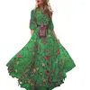 Casual Dresses Polyester Fiber Dress Elegant Floral Print Maxi For Women A-line Big Swing High midje kväll med halv ärmar