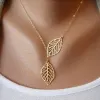 Creative Simple Double Golden Leaf 14k Gold Pendant Necklace Womens Trend Punk Tassel Chain Pendant Fashion Ladies Party Jewelry Gifts