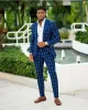 Klassieke Bruiloft Smoking Heren Pakken Slim Fit Pak voor Mannen Blauw Geruit Business Man Wear Bruidegom Tuxedo Prom Tailor Notch Custom Made