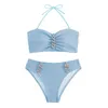 Women's Swimwear Halter Bikini Top No Underwire Padded Rhinestone Chain Decor Bra High Waist Set Quick Drying For Women