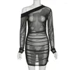 Casual Dresses Black See Through Mesh Dress Spring Summer Fashion Long Sleeve Slim Slash Neck Cover Up Women Mini Bodycon Prom Clubwear