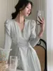 Basic Casual Dresses Satin V-neck Long Sles Midi Dresses for Women 2023 Autumn New Elegant Party Fashion Slim Vintage Casual Blue Fe ClothingC24315