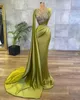 Arabic Lemon Green Satin Mermaid Evening Prom Dresses Sheer Mesh Top Sequin Beads Ruched Formal Occasion Wear Gold Hunter Sheer Neck Sweep Train Robe de BC9574