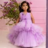Robes de fille violet clair enfants anniversaire fleur gonflée plissée col en V à plusieurs niveaux Tulle robes de bal pour les petites filles