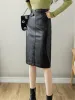 Dresses Seoulish Black Pu Leather Skirts with Belted Autumn Winter Front Split Pencil Midi Skirts High Waist Sheath Wrap Skirts 2022 New