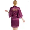 Women's Sleepwear Bronzing Letter Robe Bride Kimono Gown Lady Satin Homedress Sexy Lace Trim Loungewear Nightdress Casual Initiate Lingerie