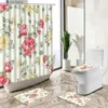 Rideaux de douche Fleur Plante Papillon Paysage Rideau De Douche Aquarelle Art Style Pastoral Tapis De Piédestal Antidérapant Housse De Toilette Salle De Bain Déco Ensemble Y240316