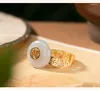 Кольца кластера, очаровательный большой 32x22 мм, белый нефрит, пончик, полый режущий «Фу», амулет на удачу, серебряный цвет, позолоченный, изменяемый размер