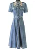 Partykleider TIYIHAILEY 2024 Vintage Frauen Lange Mittelkalb Kurzarm Denim Sommer Einreiher Kleid S-XL Drehen Unten Kragen