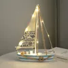 LEDヨットモデル木材漁船の置物地中海スタイルのセーリングクラフトホームオフィス航海装飾240314