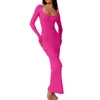 Casual Dresses Women's Bodycon Lounge Dress Solid Color Ribbed Square Neck Long Sleeve Ankle Length