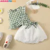 Abiti 2022 moda neonato bambino neonate copre gli insiemi plaid senza volant senza maniche pagliaccetto top fiocco gonne in pizzo 2 pezzi outfit set