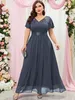 Graue Spitze Plus Size Kleider für die Brautmutter, V-Ausschnitt, kurze Ärmel, Hochzeitsgastkleid, bodenlang, A-Linie, Chiffon-Abendkleider