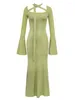 Robes décontractées Sexy Col Carré Flare Manches Maxi Robe Femmes Vert Manches Longues À Lacets Slim Soirée Celebrity Club Party